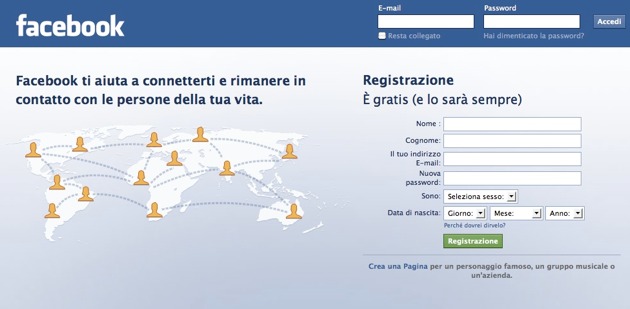 Facebook - la form di registrazione