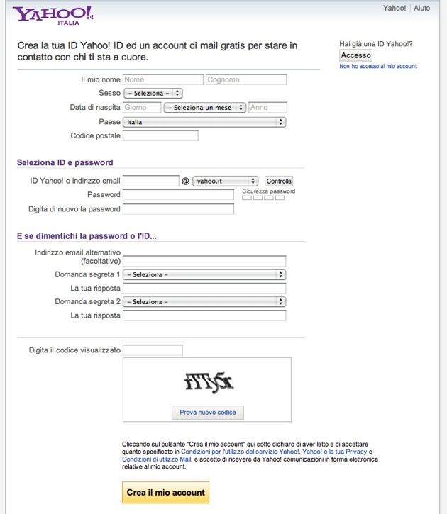 Yahoo - la form di registrazione