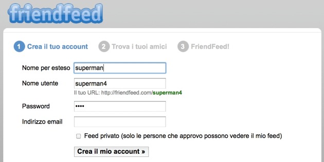 FriendFeed - la form di registrazione