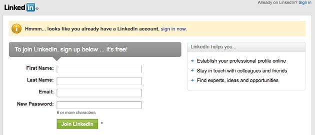 LinkedIn - la form di registrazione