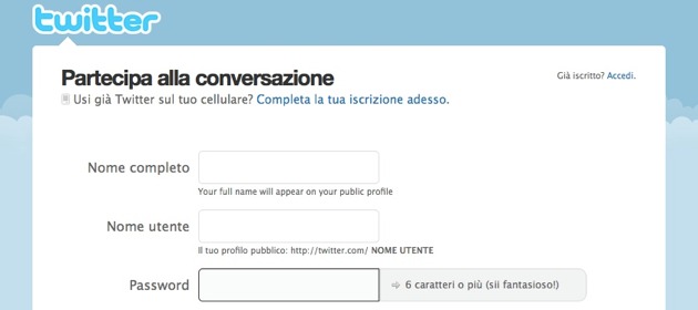 Twitter - la form di registrazione