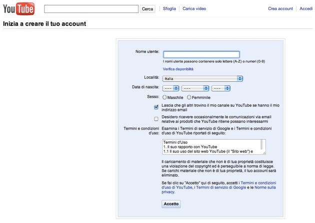YouTube - la form di registrazione
